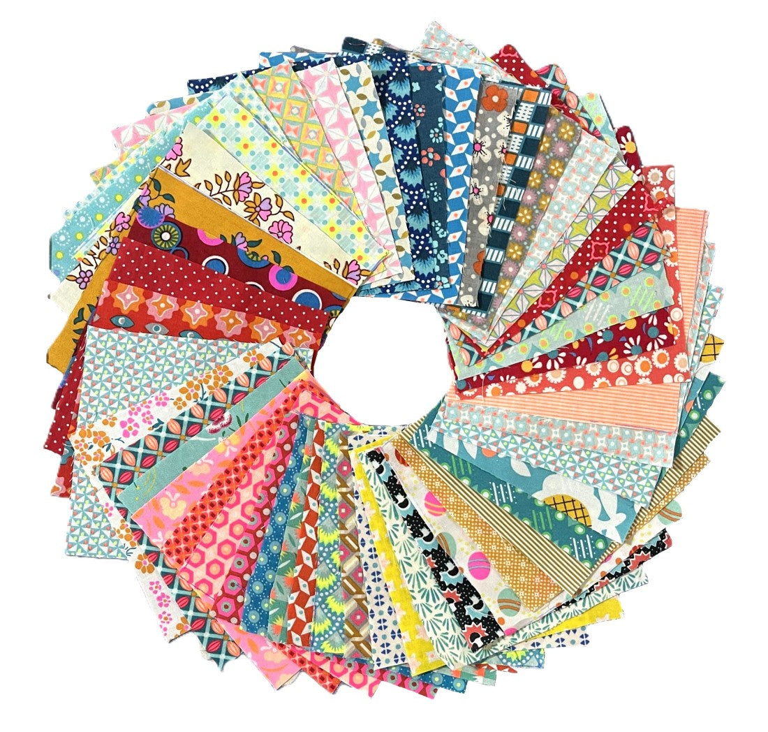 kit de 50 carrés de tissus 100% coton 10x10cm  rose, orange, jaune, rouge